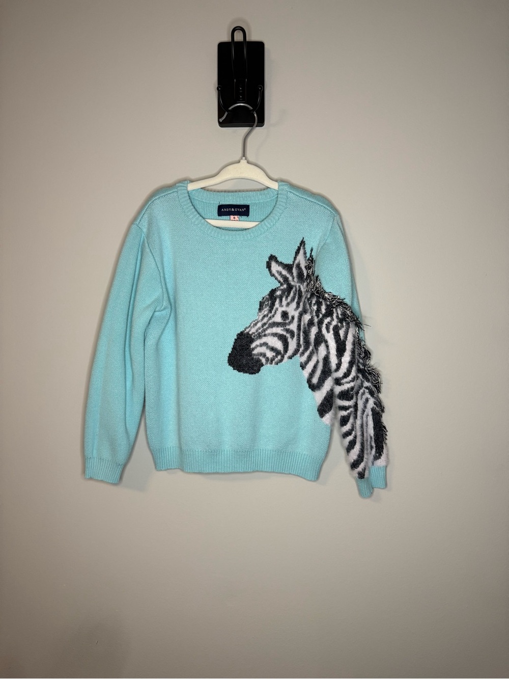 Andy & Evan Aqua Crewneck Sweater with Zebra Motif Girls size 6
